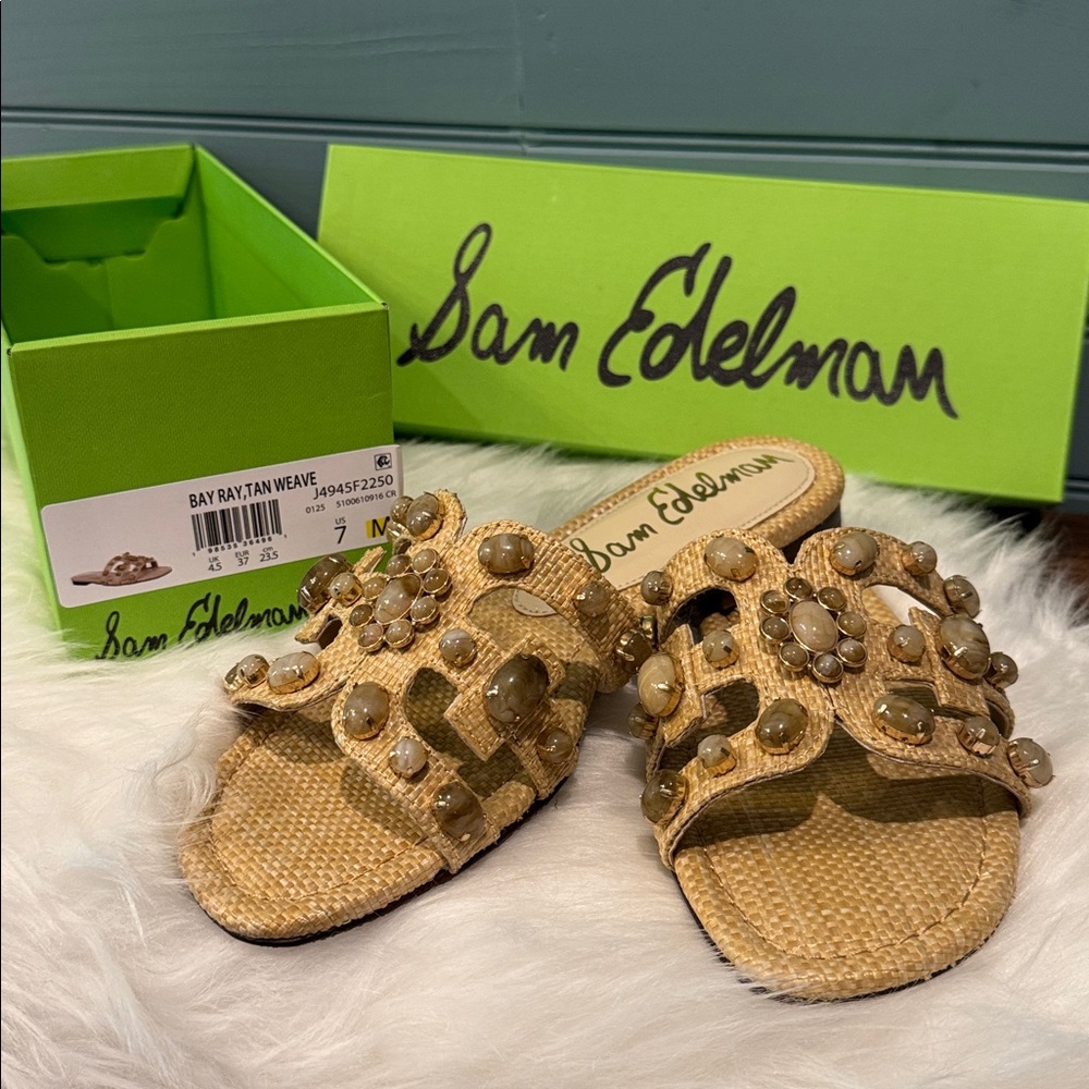 Sam Edelman Bay Ray, Tan Weave Embellished Slides